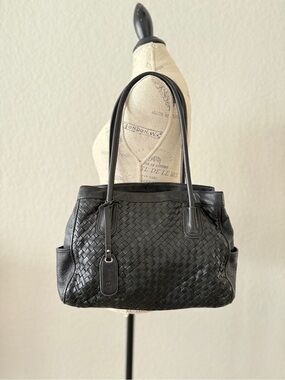 b. makowsky Black Woven Leather Shoulder Tote